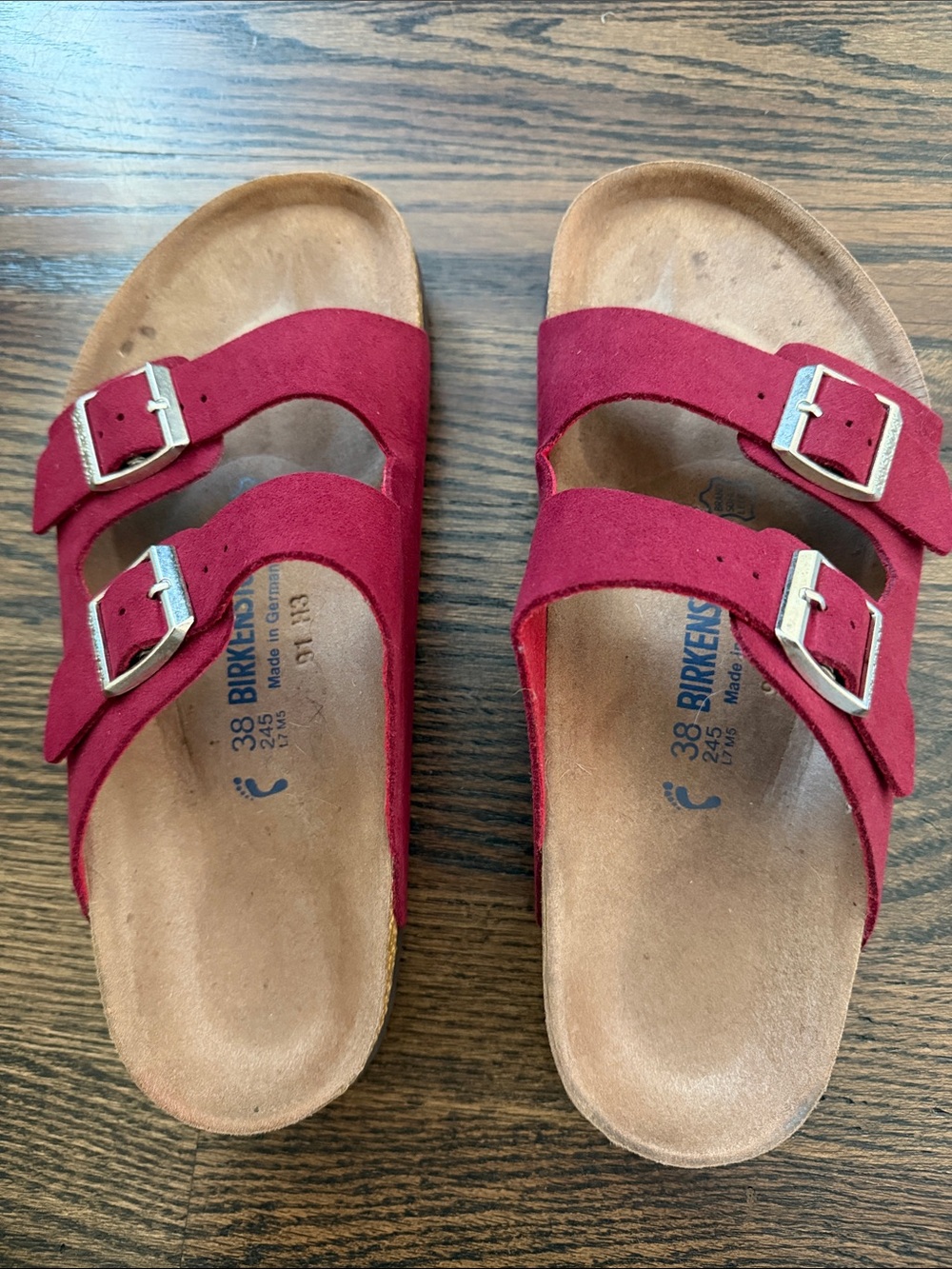 Birkenstock Women's Red Suede Two-Buckle Sandals